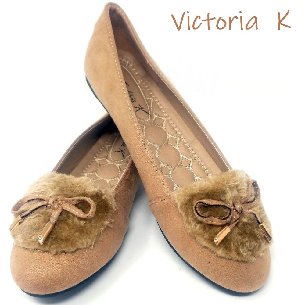 Victoria K Tan Flats with Fur Bow